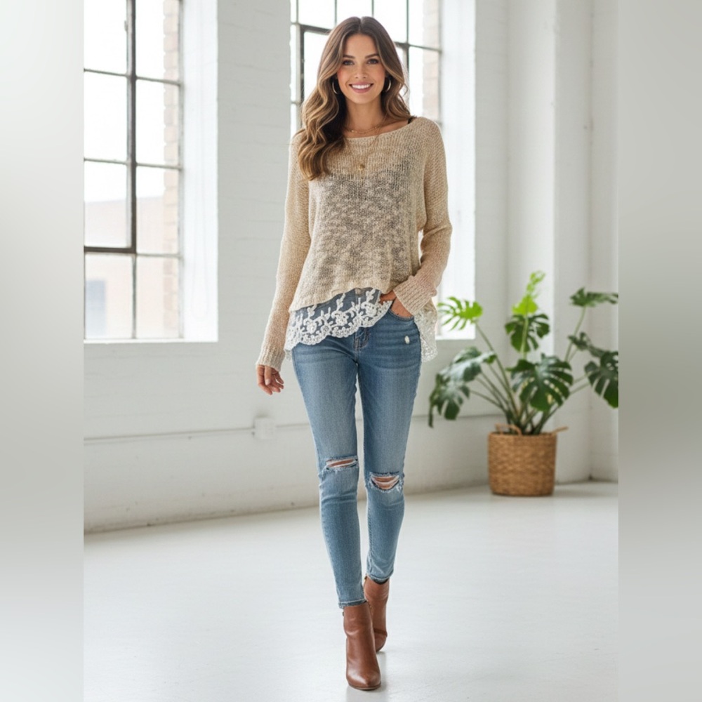 Boho Cream Open Knit Scalloped Lace Trim Sweater Layered Boutique Small